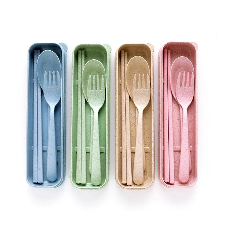 Nordic Style WheatSraw Draagbare Servies Travel Service Eco-Friendly Diner Set Environmental Case Fork Lepel Set Bestek