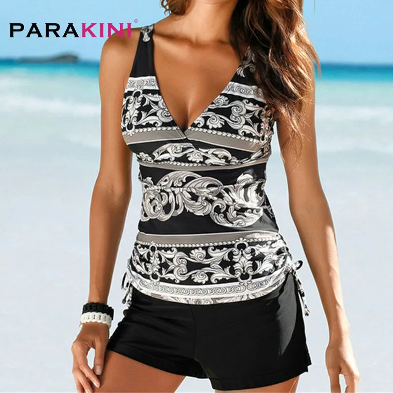 Parakini Tweede stuk badkleding vrouwen plus maat tankini badpakken met shorts v nek tankinis set zwemkleding zwart print badpak