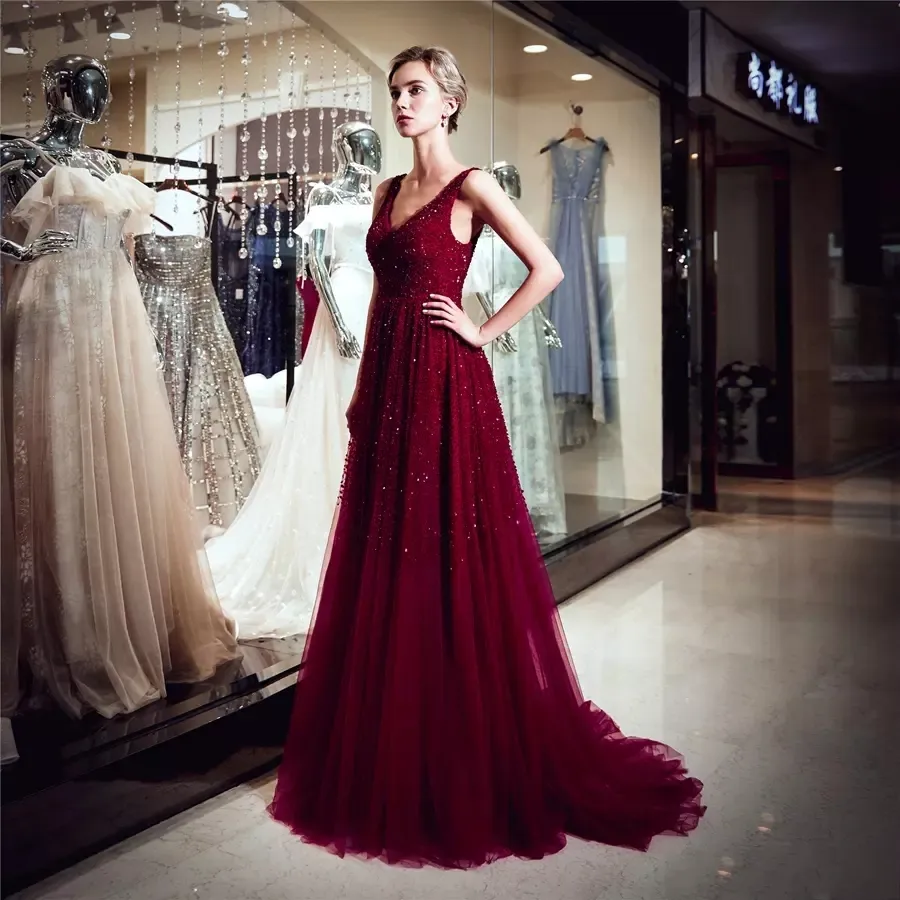 Elegant Wine Red Tulle A-Line Red Evening Dress with V-Neck and Beading for Women's Formal Evening and Prom Wear - Plus Size Available
