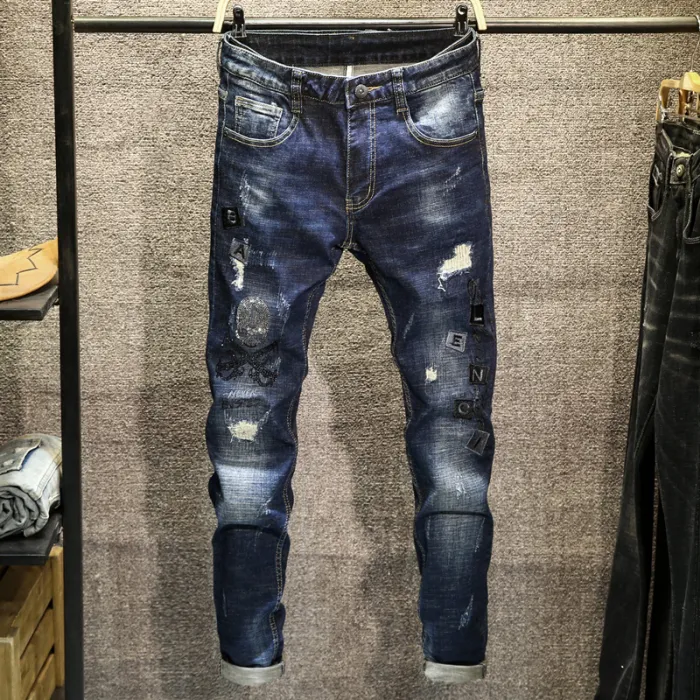 rippade jeans för män denim byxor manlig hål tidvatten märke denim byxor manlig rakt tvättad bomull 2019