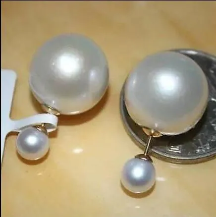 Encantador Par de 6-12mm Mar del Sur ronda blanco perla pendiente 18 k