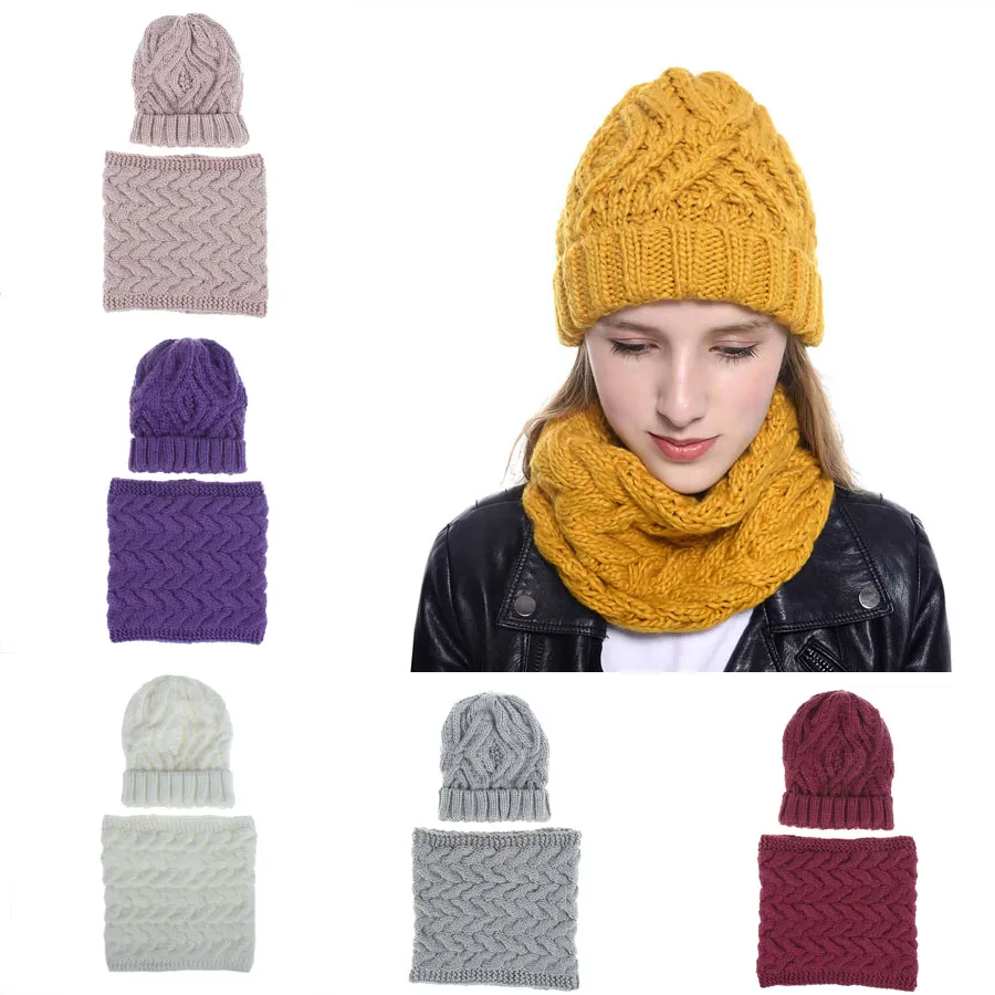 M227 New Autumn Winter Women's Knit Hat +ネックウォーム2PCSセットビーニーキャップハットかぎ針編み帽子温かいネッカチーフ