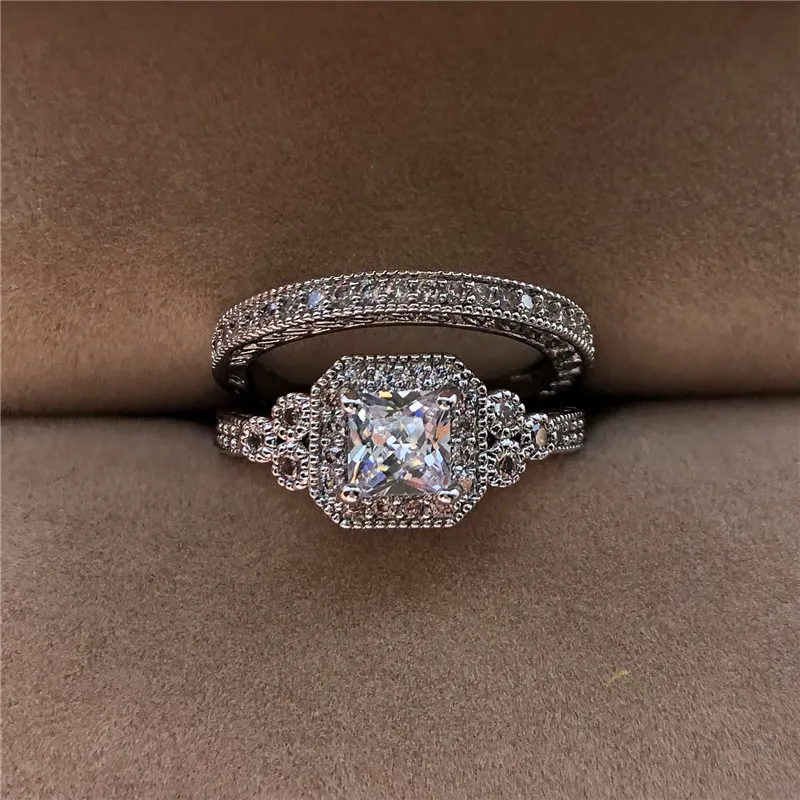 Luxury White Zircon Stone Ring Set New Fashion 925 Silver Engagement Ring Vintage Wedding Rings For Women Bridal Sets