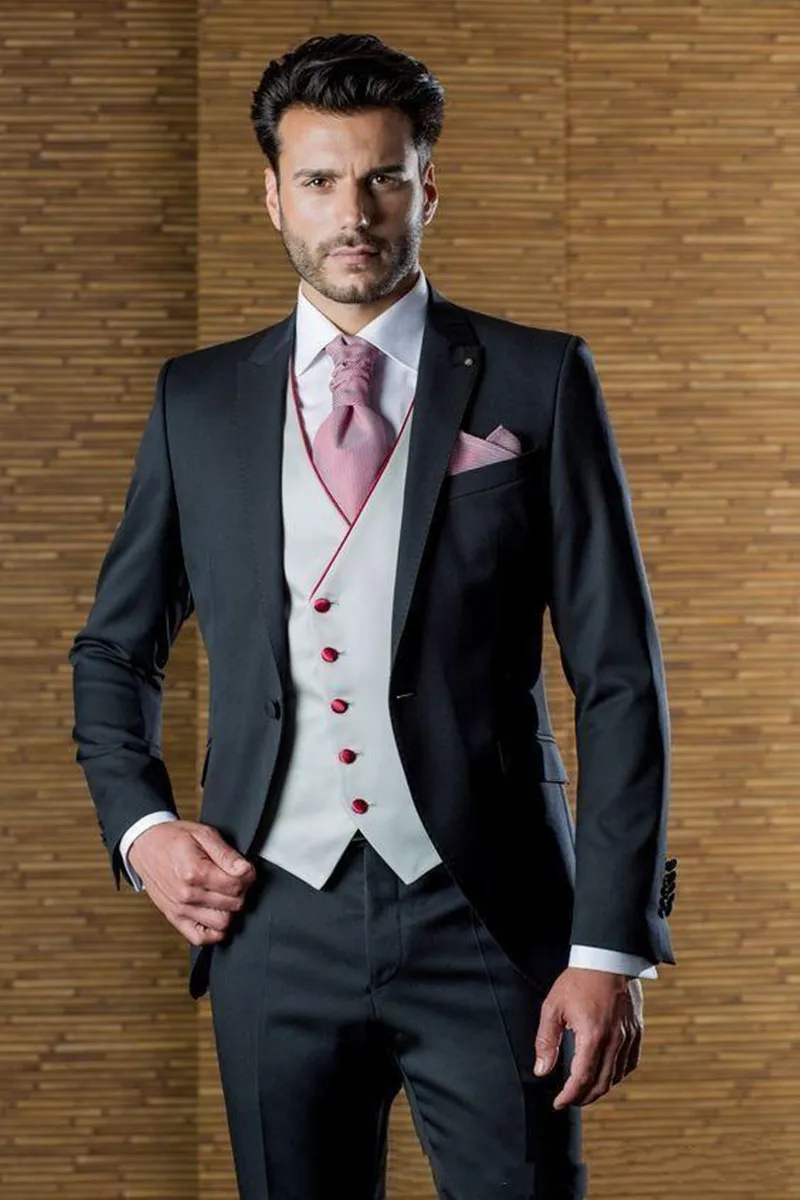 Nuovo design alla moda Smoking da sposo nero Groomsmen Risvolto a punta Best Man Abiti da uomo Abiti da sposa (giacca + pantaloni + gilet + cravatta) 1013