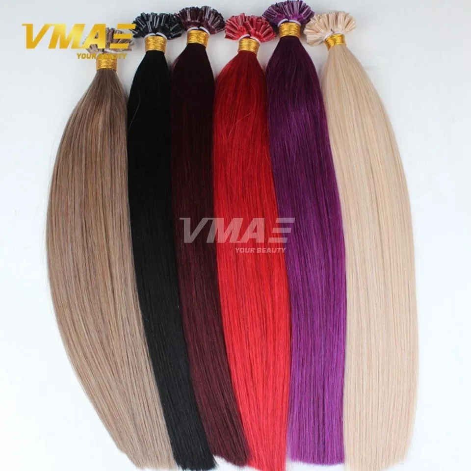 VMAE Kératine Brésilienne Fusion Pré-Collée Droite Toutes Couleurs Naturelles 613 Blonde Rouge Violet Cheveux Vierges U Nail Tip Extension de Cheveux Humains