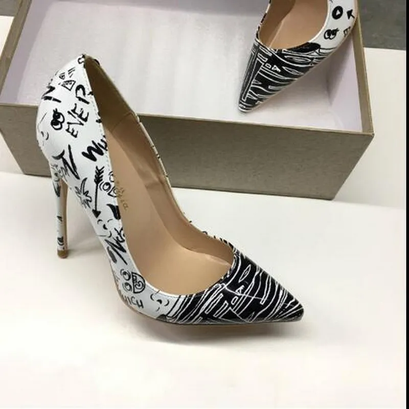 Hot Sale-Fashion New Pointed High-heeled Exquisite Black and White Graffiti Elegant Single Shoes 12cm High Heel Ladies Party Dress Shoes