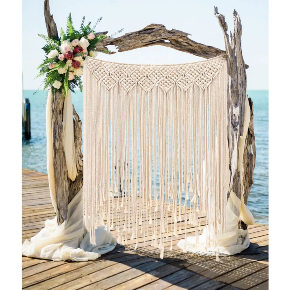 Decoración de la boda Macrame Fondo de la boda 100x115 cm Cuerda de algodón Photo Booth Telón de fondo Macrame Colgante de pared Tejido de algodón