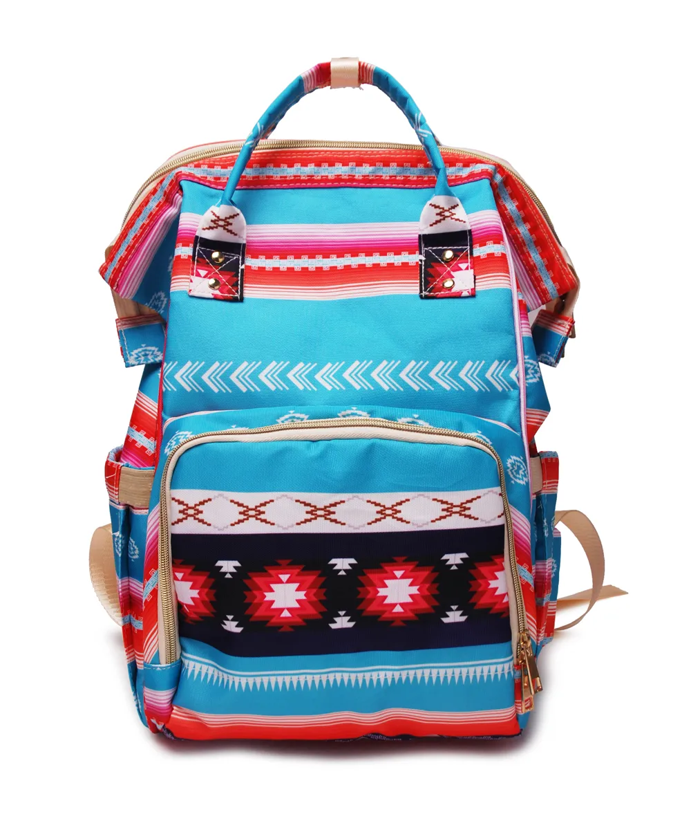 Proveedor mayorista Mochila de pañales de sarape azteca Bolsa de momia de pañales de lona Paquetes de cuidado de bebés aztecas azules con estampados de tribus DOM-1081276