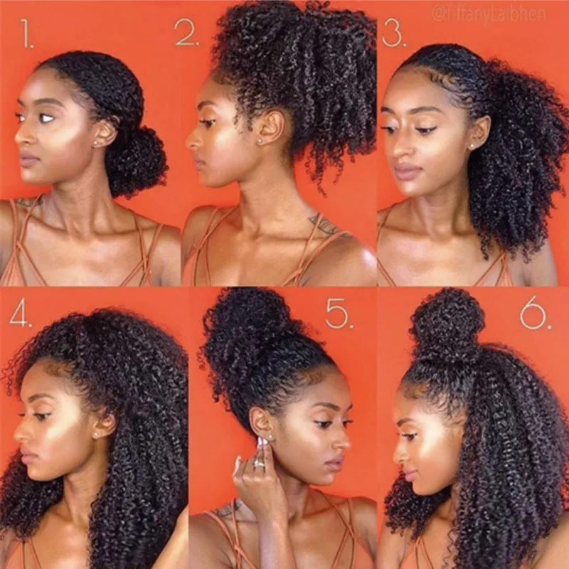 Drawstring Ponytail 인간의 머리 몽골어 Afro Kinky 곱슬 포니 테일 4B 4C 클립 Extensions 자연 색상 헤어 번들 브라운 옴브 포니 테일