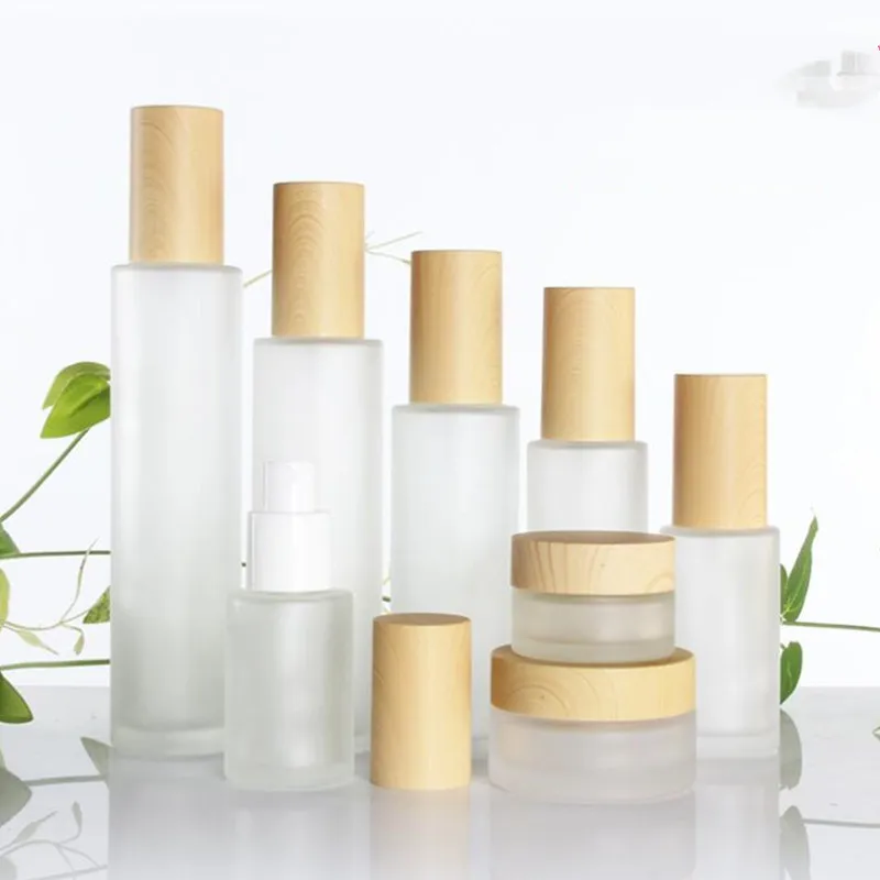 Pot de crème en verre dépoli avec couvercle en plastique imitation bois, Pot de Lotion de maquillage, bouteille à pompe de pulvérisation, 30ml 40ml 60ml 80ml 100ml