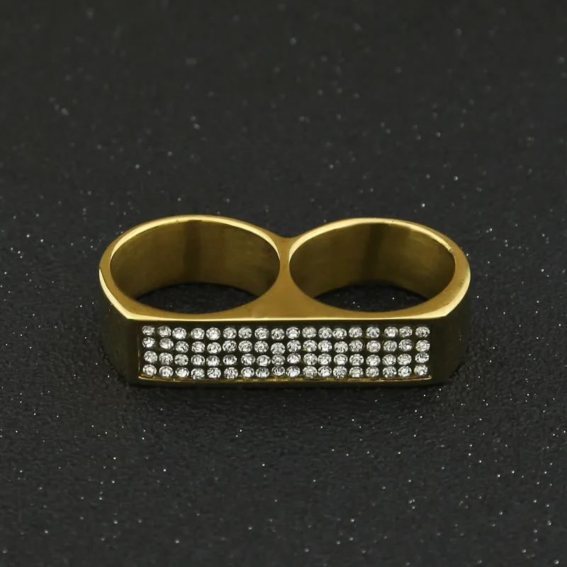 Anello da uomo doppio dito Gioielli hip-hop di moda Anelli d'oro in acciaio inossidabile ghiacciato di alta qualità9729111