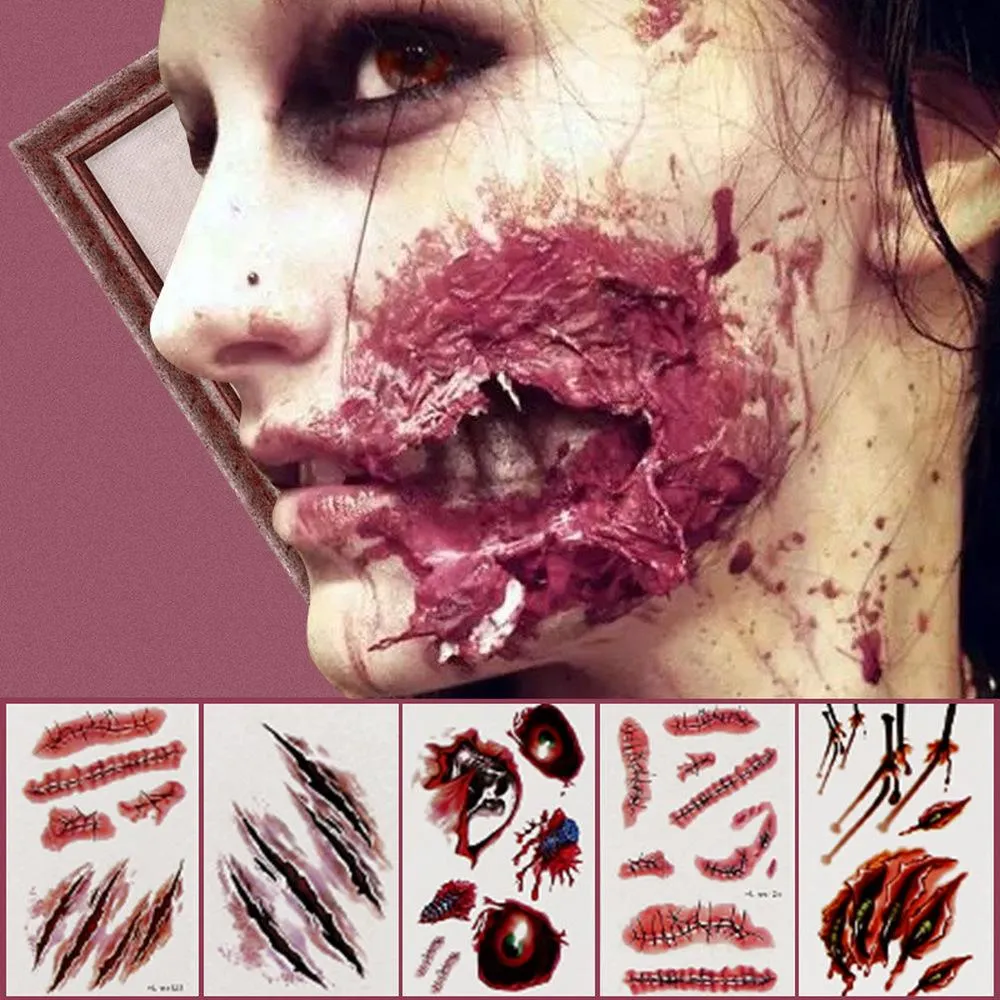 Halween Decorazione per feste tatuaggi di cicatrici zombi con falsa scarpa insanguinata e insanguinata oggetti di scena di Halloween ferita Adesivo per lesioni a sangue spaventoso, Q