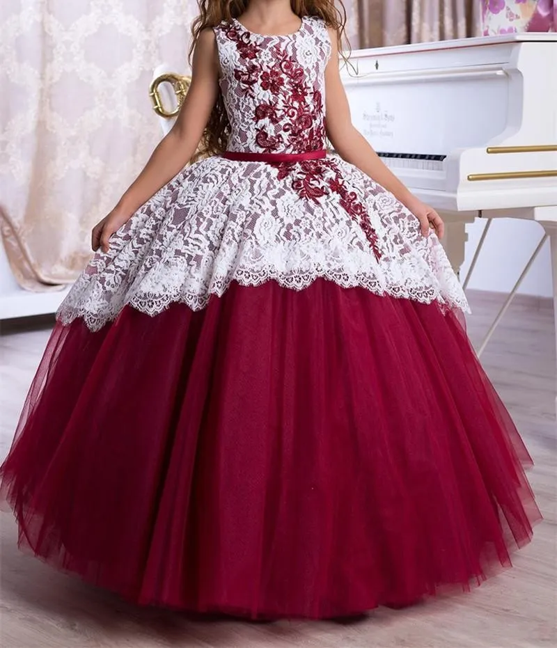 Vestidos de festa de aniversário da Primavera 2020 Bola princesa lindo vestido Flower Girl Dresses Jewel Neck White Lace Overlay Burgundy Tulle adolescente