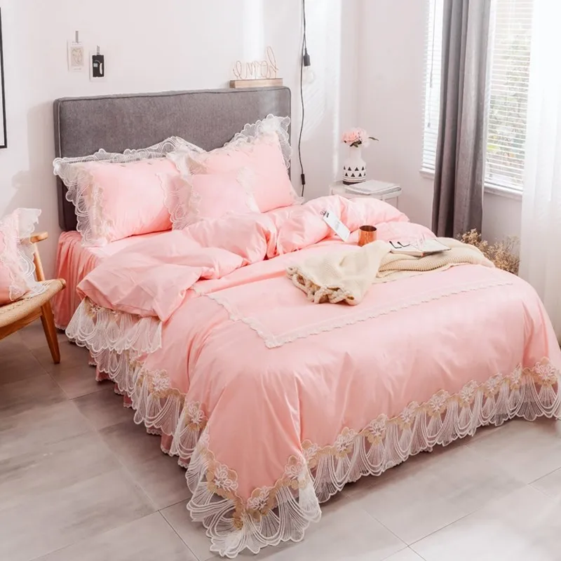 Pink Lace Embroidered Duvet Cover Set King Queen Size 4pcs Princess Bedding set Korean Style Luxury Solid Color Bedclothes Bed Skirt Pillowcases Home Textile