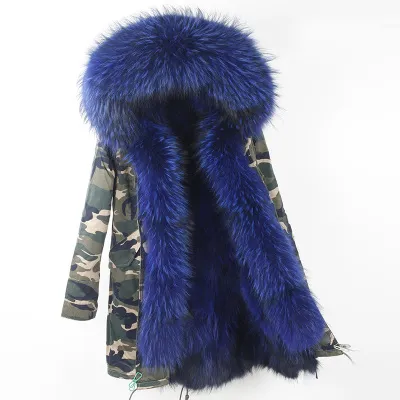 Mavi tilki kürk astar kamuflaj kabuğu uzun parkas rakun kürk süs eşiği kadın kürk ceketleri Almanya fransa