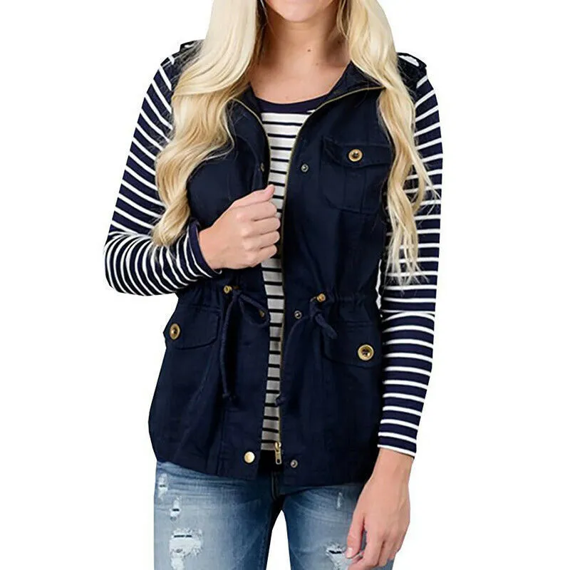 Nouveau 2019 femmes manteaux femmes veste gilet Cargo utilitaire Safari gilet avec poches cordon armée haut Bomber veste manteau