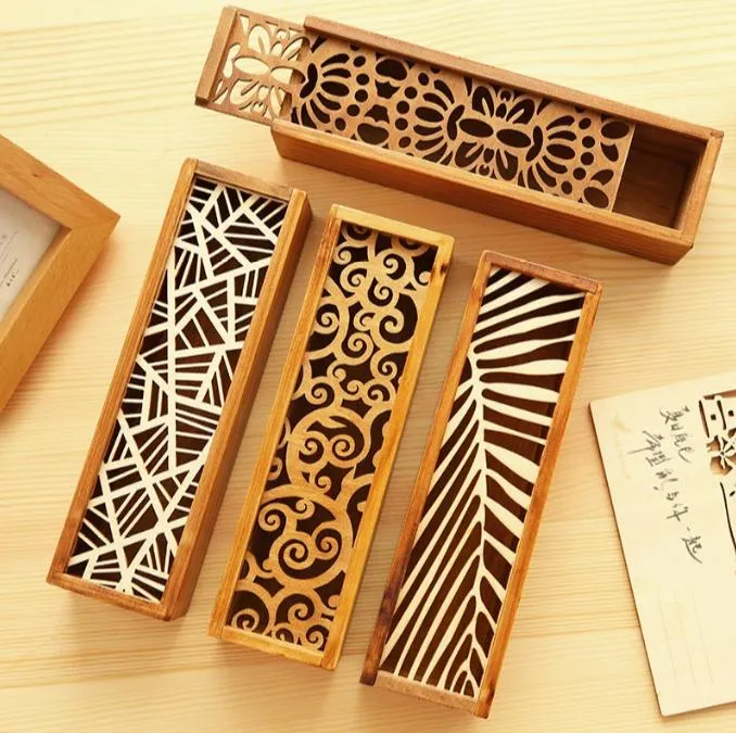 Mode Vintage Style pratique creux bois porte-crayon bijoux boîte de rangement en bois organisateur tiroir porte-stylo école cadeau