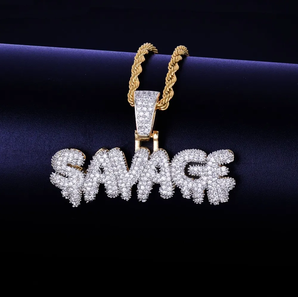 Mäns Iced Out Savage Pendant Halsband Guldfärgpläterad Micro Pave Cubic Zircon Hip Hop Gems Druzy Smycken Gåvor