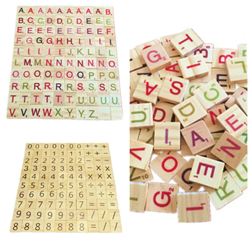 Trä Scrabble Tiles Letter Alphabet Scrables Nummer Hantverk Engelska Ord Stor bokstäver Mixed - Learning Education Toys 100pcs / Set