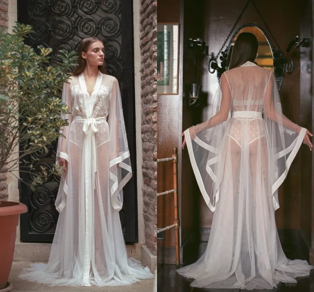 Abiti da sposa lunghi in pizzo da donna Vedere attraverso la biancheria a maniche lunghe Indumenti da notte Camicia da notte da damigella d'onore Accappatoi Biancheria da notte sexy da notte