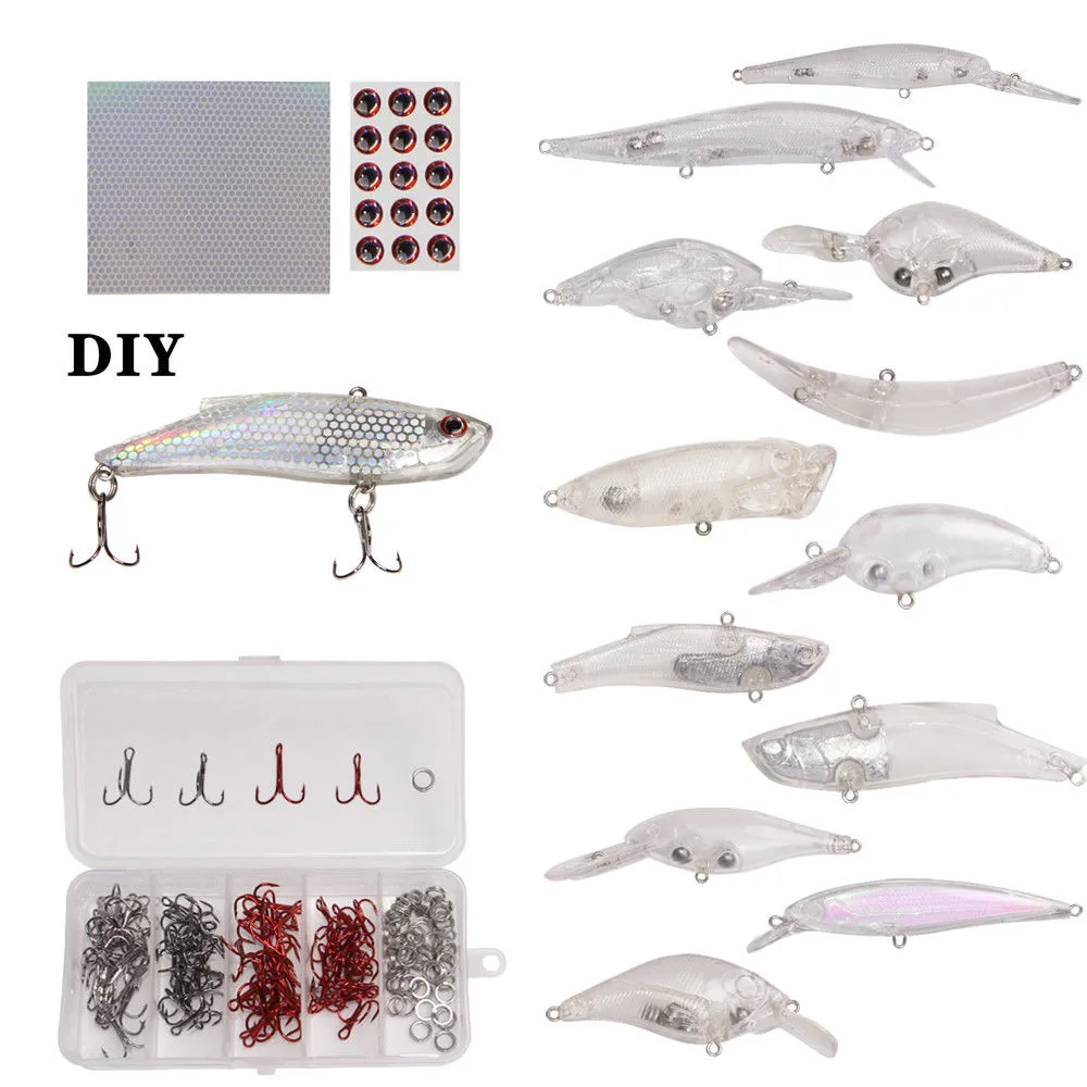 Blank Crankbait Assorted Unpainted Fishing Lures With 3D Eyes Hooks