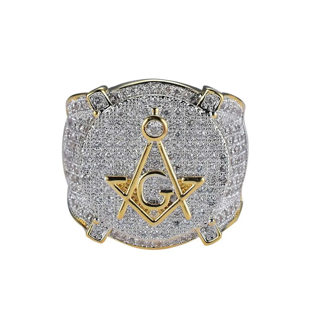 Znakomite Out Masonry Pierścienie dla mężczyzn luksusowy projektant Bling Diamond and Accepted Masons Gold Pierścień 18K Gold Hiphop JE2801