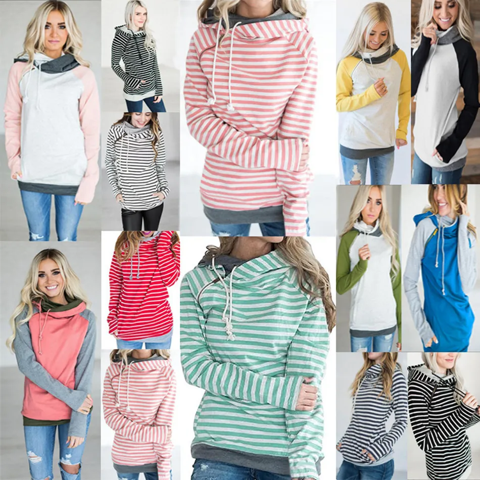 Girls Hoodies Patchwork Pocket Hooded Coat Women Striped Long Sleeve Sweatshirts Zipper Jumper Tops Pullover Hoodie Outerwe LJJA3624-11