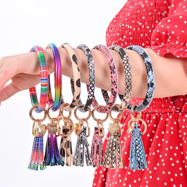 PU Leather Wristlet Keychain With Tassel Circle For Women And Girls