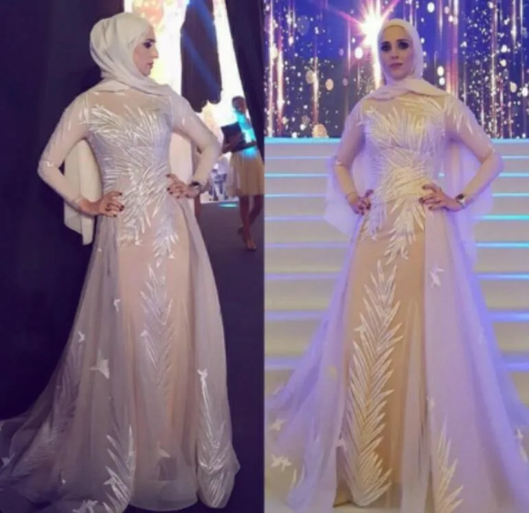 Magníficos musulmanes de cuello alto una línea de vestidos de noche 2020 Oriente Medio árabe de manga larga bordado vestido de fiesta
