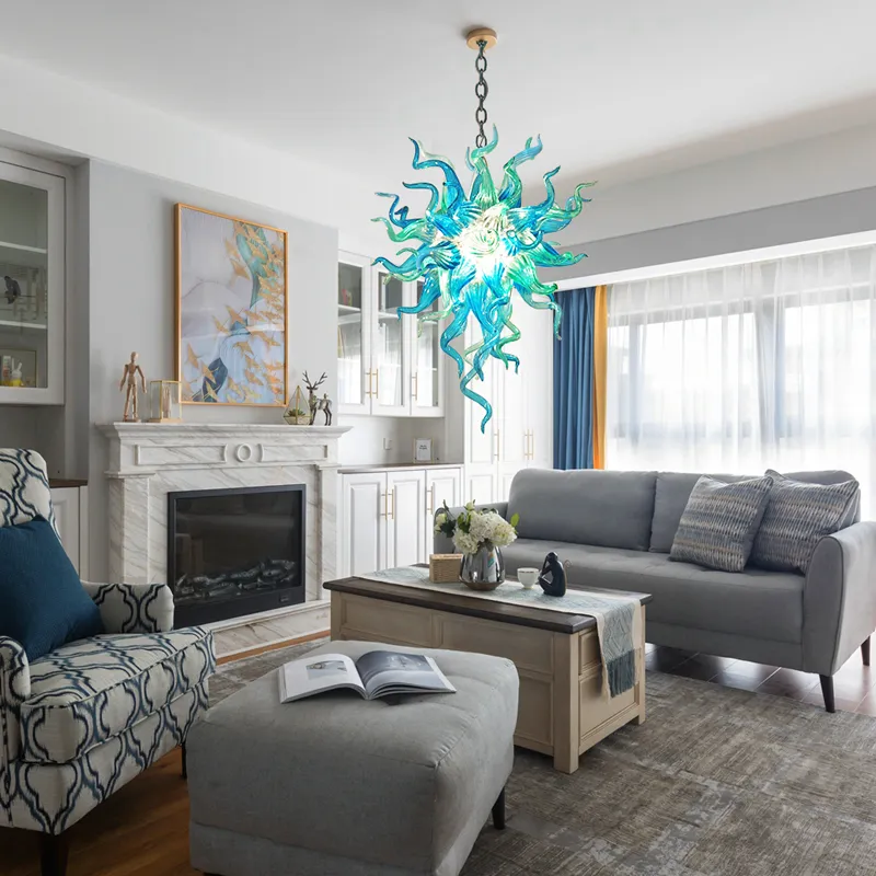 Aqua Blue Long Chain Pendant Lamps Modern Blown Glass Chandeliers