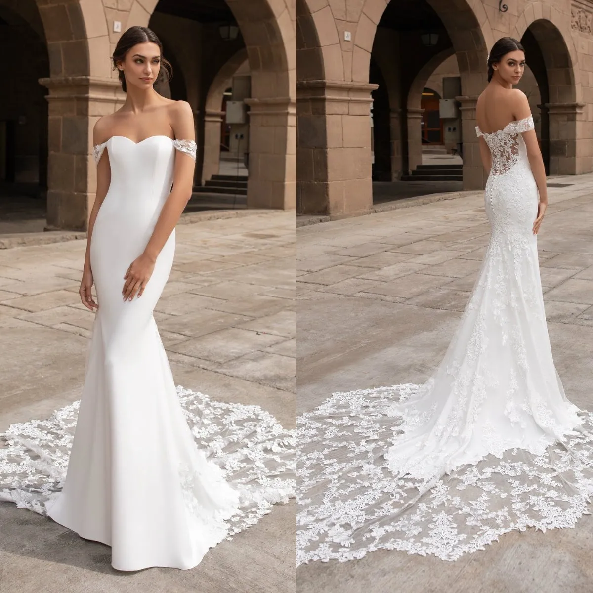 Off Shoulder Mermaid Wedding Dresses 2020 Illusion Lace Sweep Tain Open Back Sexy Bridal Gowns Elegant vestidos de noiva