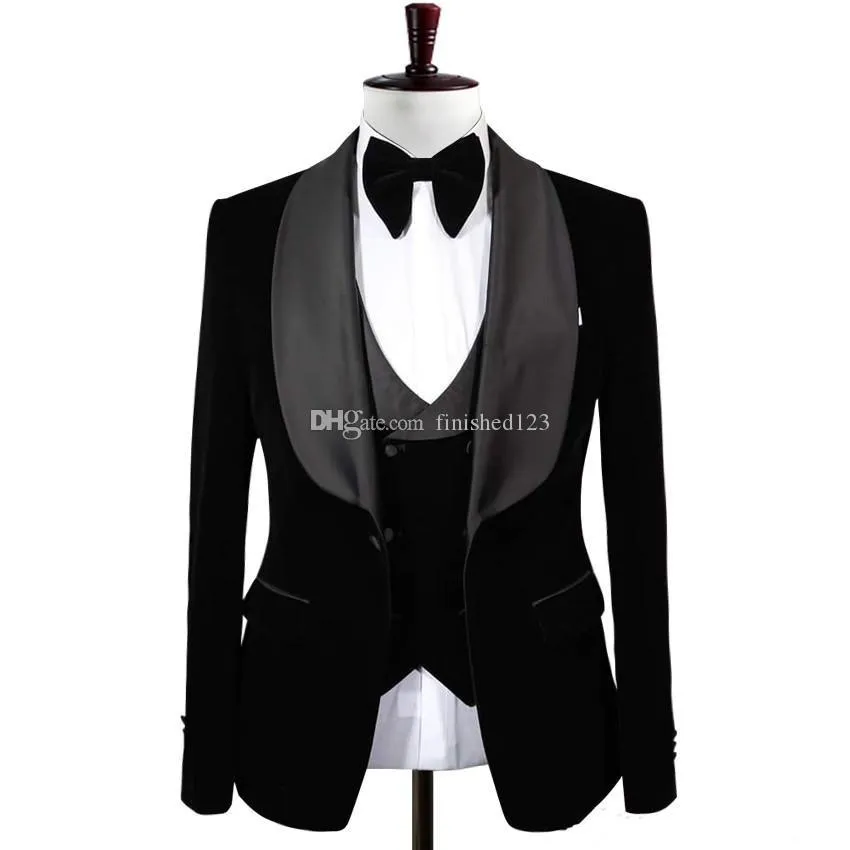 Nowy Popularny Przycisk Black Velvet Groom Tuxedos Szal Kapel Mężczyźni Garnitury Ślub / Prom / Kolacja Best Man Blazer (Kurtka + Spodnie + Kamizelka + Krawat) W236