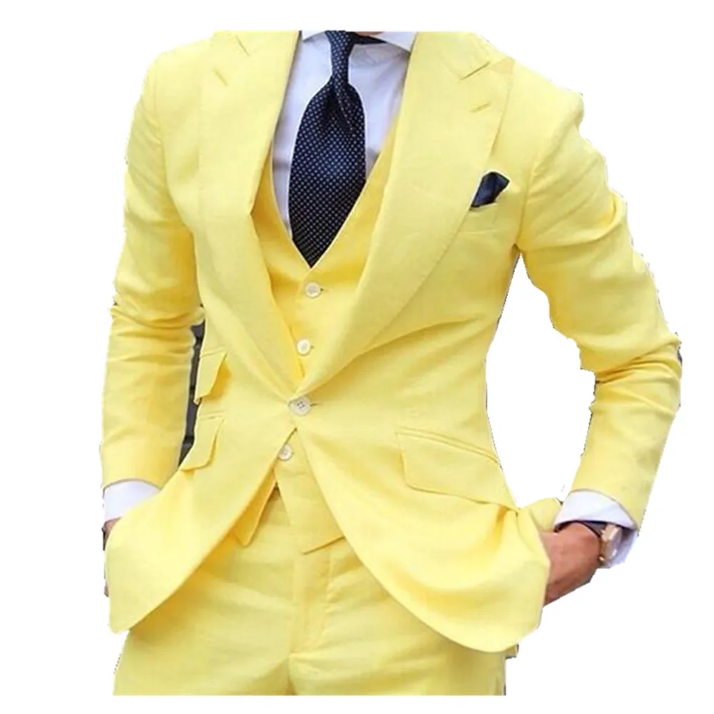 Custom Made jaune hommes costumes Slim Fit revers cranté formel marié robe de bal smoking mâle manteau 3 pièces Blazer gilet + veste + pantalon