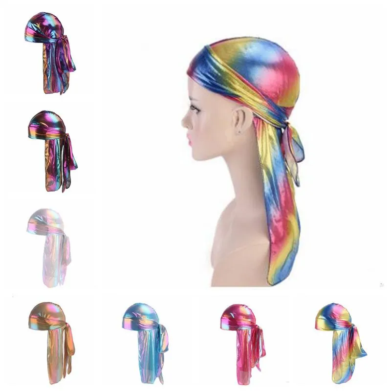 Unisex Oddychający Bandana Laser Hip-Hop Turban Kapelusz Silky Headwear Headscarf Long Tail Headwrap Czapki Czaszki Moda Fryzury Accessorieers LT1454