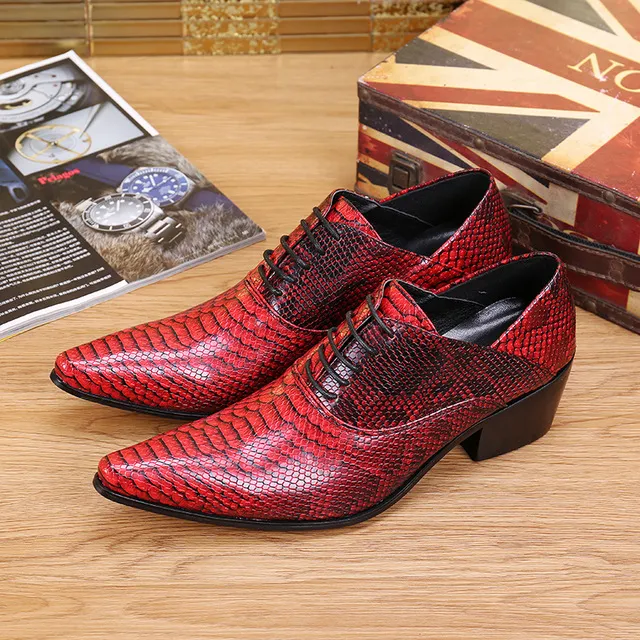Snake Fashion Red Skin Party Dress äkta High Heel Oxford For Men Lace Up Formal Leather Shoes Male CCA
