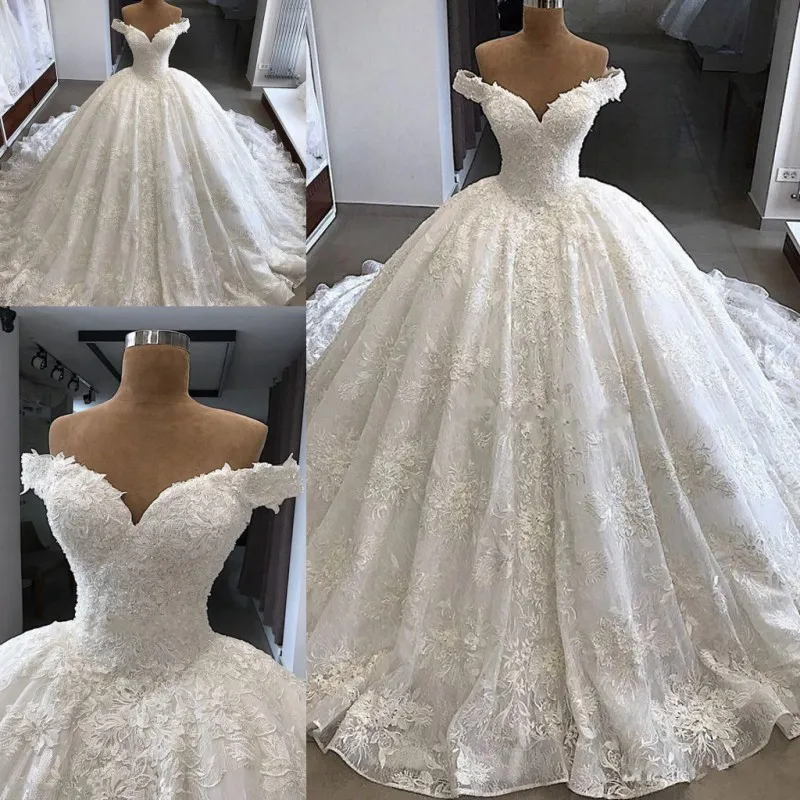 Moderne Kant Trouwjurken 2019 Lente Zomer Off Schouder Baljurk Bruidsjurk Lace Up Back Custom Made Wedding Vestidos