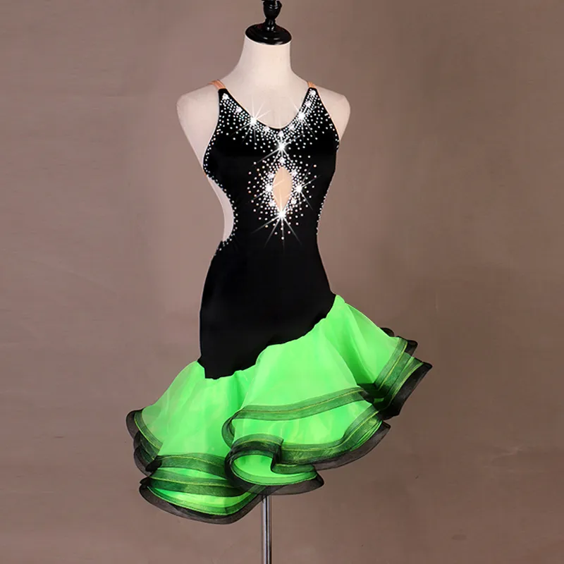 NUOVO Vestito da ballo latino per ragazza per adulti Salsa Tango Chacha Concorso per sala da ballo Vestito da ballo Nero Verde Sexy Halter Perla Rhinesto271n