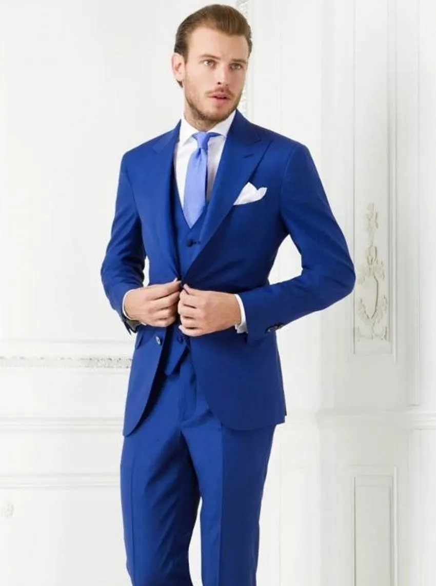 Moda Royal Blue Groom Tuxedos Peak Lapel Groomsmen Mężczyzna Suknia Ślubna Doskonała Kurtka Mężczyzna Blazer 3 Piece Suit (Kurtka + Spodnie + Kamizelka + Krawat) 18