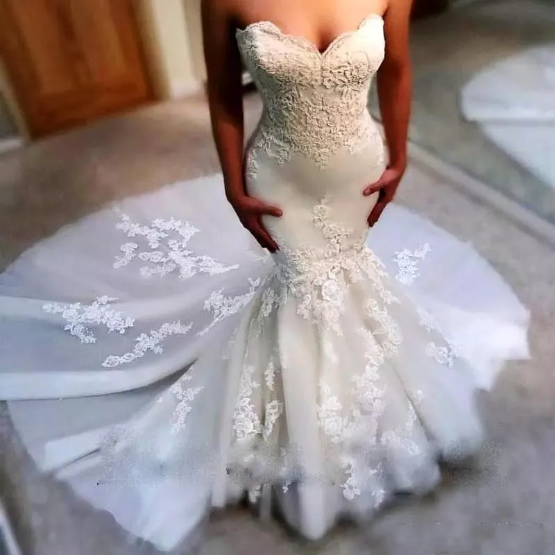 2020 Nieuwe Sexy Mermaid Trouwjurken Sweetheart Kant Applicaties Mouwloze Plus Size Open Back Court Train Bridal Jurken Bruidsjurken