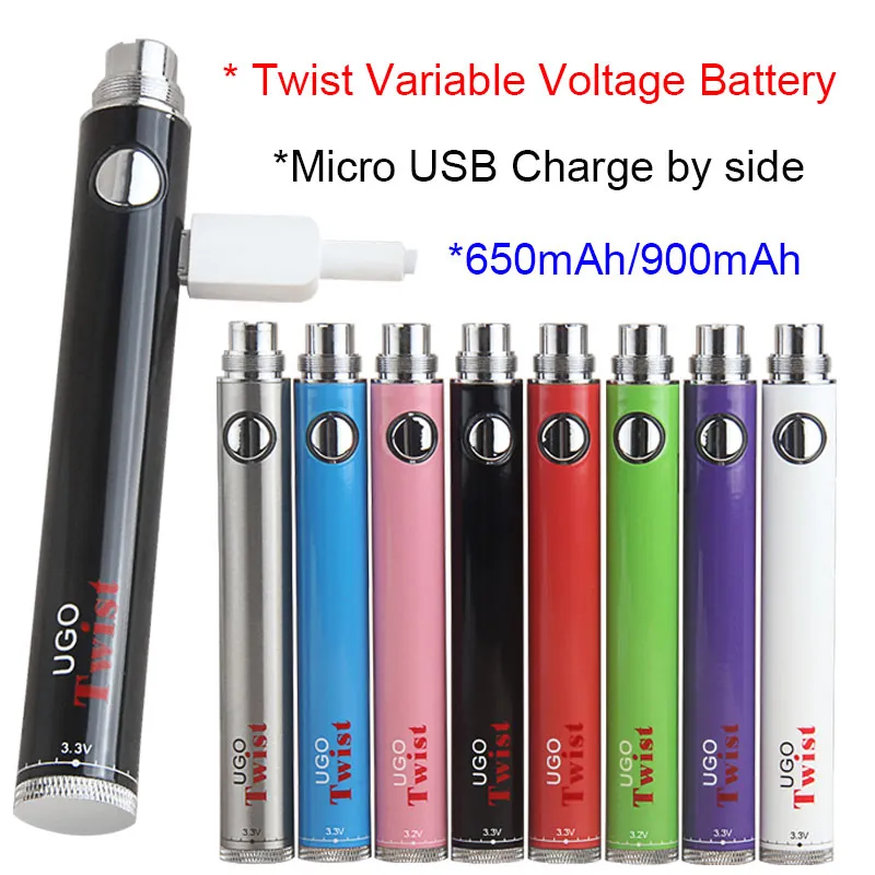 5pcs UGO Twist Wax Dab Cartouche Stylo eVod USB VV Passthrough Tension Variable Vape Batterie 650 900mAh avec Chargeur Micro USB