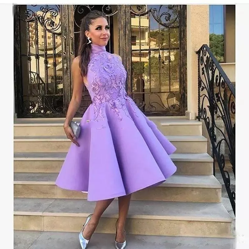 Lavanda elegante vestidos dama de honor cortos de alto vestido de fiesta vestido de