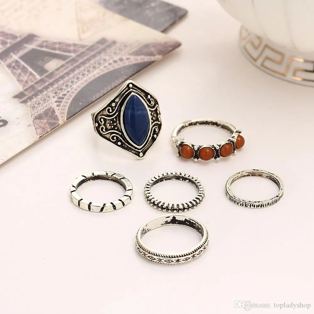 6pcs/set heiße Persönlichkeit Andere Schmuck Sets Legierung Kombination Anzug Ring Europa und der US -amerikanische Retro Folk Wind Turquoise Finger Ring