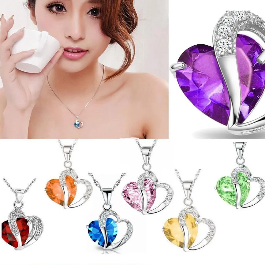 10 colors Luxury Austrian Crystal Necklaces Women Rhinestone Heart shaped Pendant Silver Chains Choker For Ladies Fashion Jewelry Gift Bulk