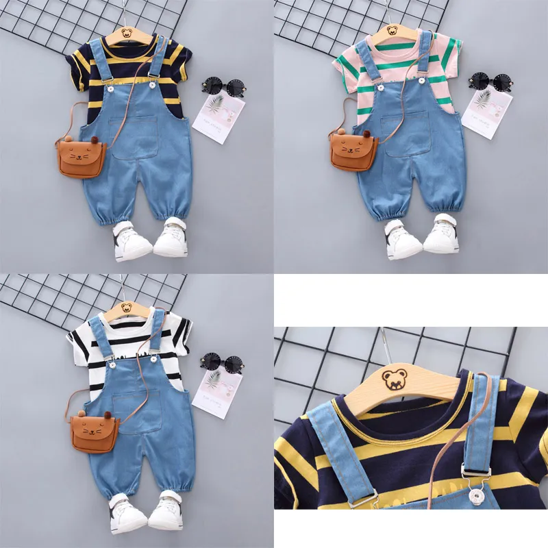 2019 Trend Style Summer Cotton Stripe Round Collar Letter Mönster med kortärmad och nio-punkts suspenders Två bitar för pojkar och tjejer