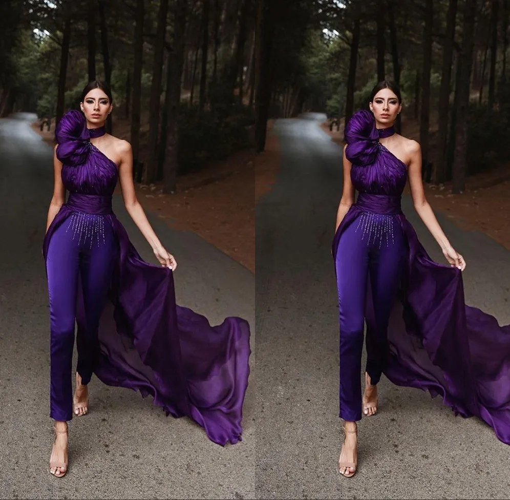 purple evening jumpsuit with long train halter sleeveless prom dress women pants suit saudi arabia celebrity red carpet gowns