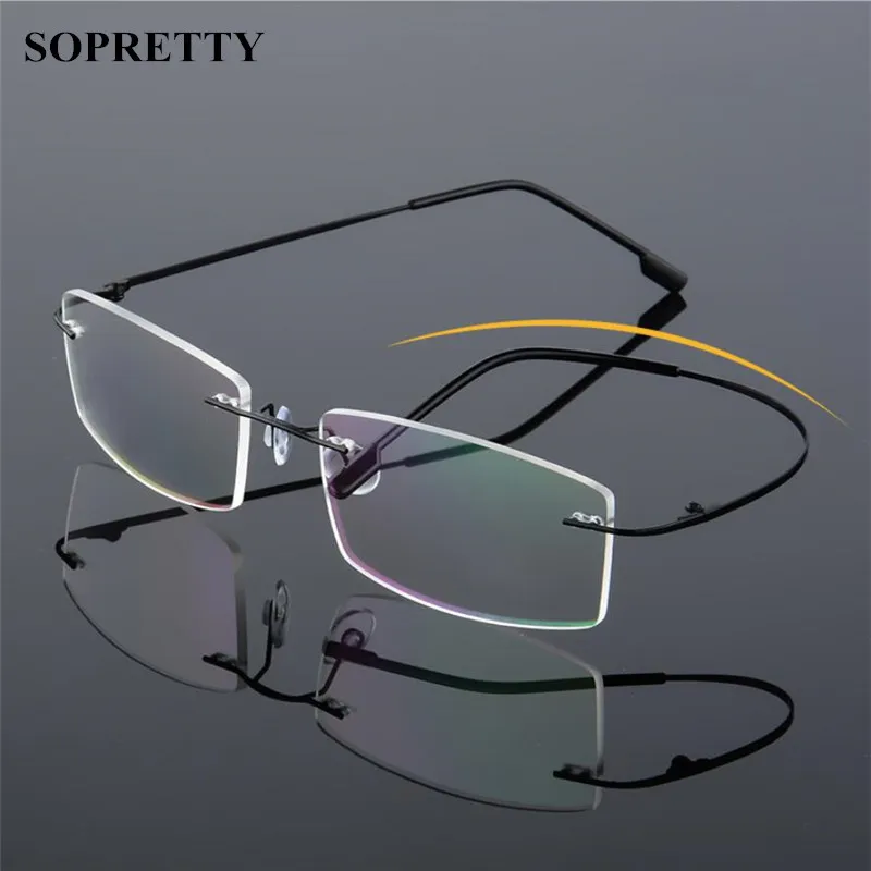 Montures de lunettes sans monture en titane pour hommes classiques, monture optique pour myopie Spring Temple, lunettes sans monture ultra-légères avec sac et tissu A858