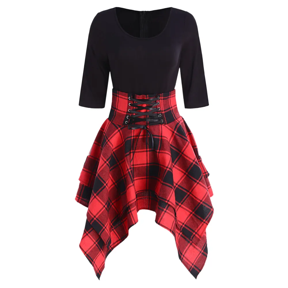 Kenancy Lace Up Tartan Asymmetrical Dress Half Sleeves Round Neck Check Plaid Women Vintage Dress 60s Rockabilly Party Vestidos