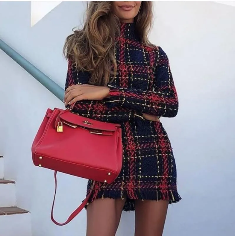Elegant Plaid Tweed Women Dress Winter Long Sleeve Sheath Above Knee  Chiffon Zippers O-Neck Natural Waistline from Dhgate Basic & Casual Dresses  - price 93.3