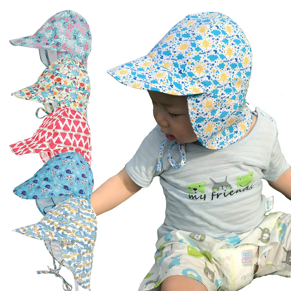 Nuovo design Neonati maschi Berretti Protezione solare Cappello da bagno floreale Bambini Protezione solare Cappello Cappello da esterno Copricapo ultravioletto Cappellino da sole solido per bambini