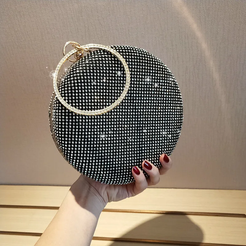 Crystal circle bag party evening bag simple solid round clutch bags women bridal wedding wallet purse new arrival
